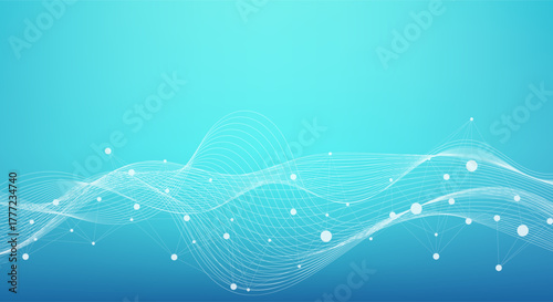 Abstract blue background with white flowing lines, dots, and a connecting network. Concept of technology, data, communication, and science. Modern vector illustration.