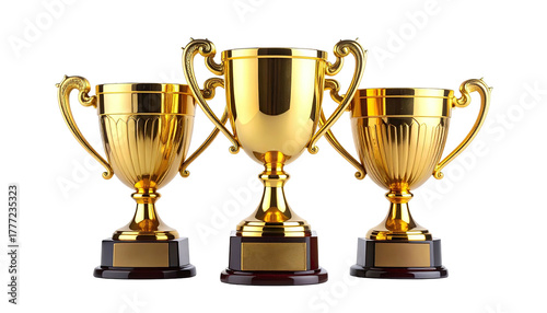 Three golden trophies lined, ornate handles, on a black background