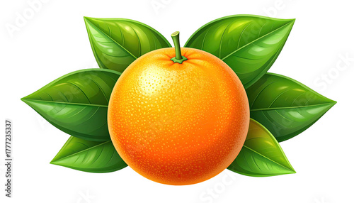 Glossy orange citrus fruit framed with vibrant green leaves