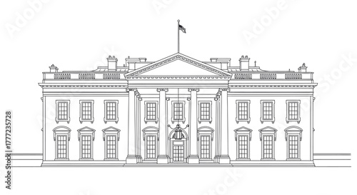 A detailed architectural line drawing of the White House, showcasing its neoclassical design and prominent columns.
