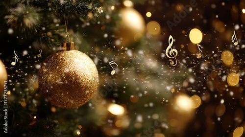 Music concert Poster holiday design . Christmas tree with notes floating around.