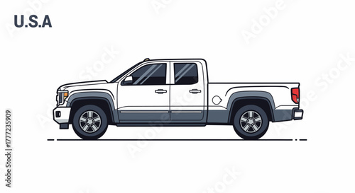 A detailed illustration of a white and gray four-door pickup truck parked on a dashed line.