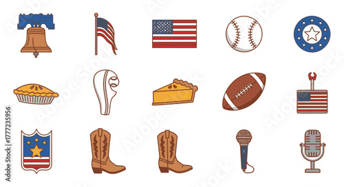 A collection of American cultural icons including the Liberty Bell, flag, pie, baseball, football, and cowboy boots.