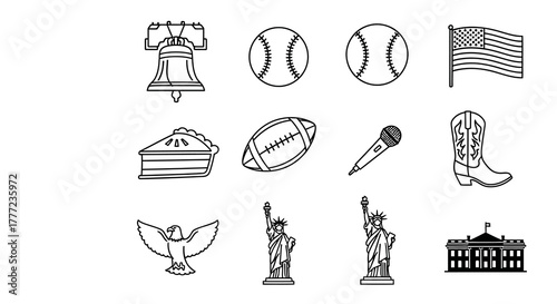 A collection of black and white line art icons representing American culture and national symbols on a white background.