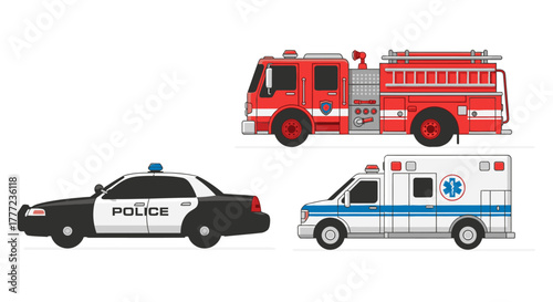 Illustration of three emergency vehicles: a fire truck, a police car, and an ambulance, depicted in a clean, flat design style.