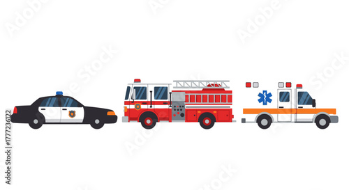 Illustration of a police car, fire truck, and ambulance, representing emergency services.