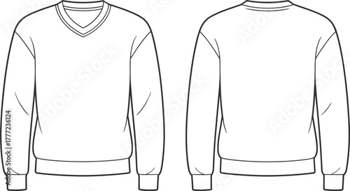 Long sleeve sweater flat sketch, fashion technical drawing, V neck front view, back view apparel template, ribbed cuffs hem collar design