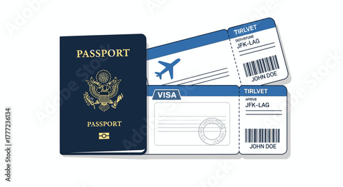 Passport, visa, and airline tickets for international travel.