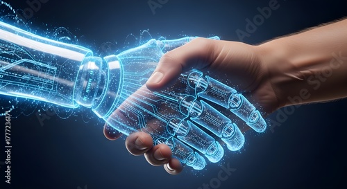 A realistic concept of a human hand shaking a holographic robotic hand made of glowing blue light and digital particles