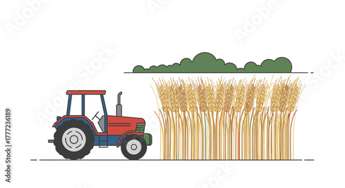 A red tractor harvesting a field of golden wheat under a cloudy sky.