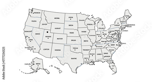 Black and white map of the United States of America with state names labeled.