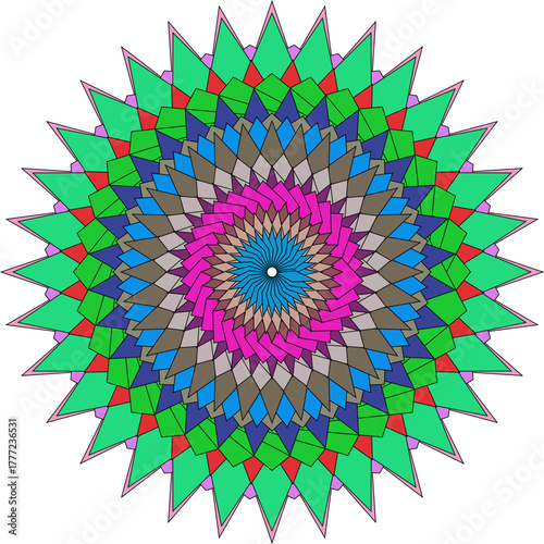 Valokuva Vibrant circular mandala design featuring a hypnotic kaleidoscopic pattern of ge