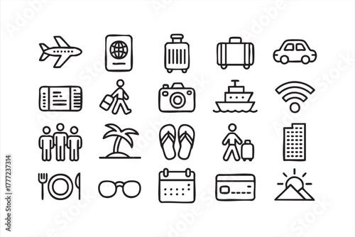 Minimalist vector pack of airplane, luggage, and passport icons for travel projects