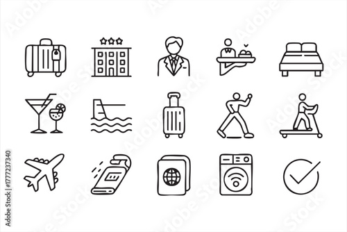 Black and white hotel and travel accommodation line icons for tourism design