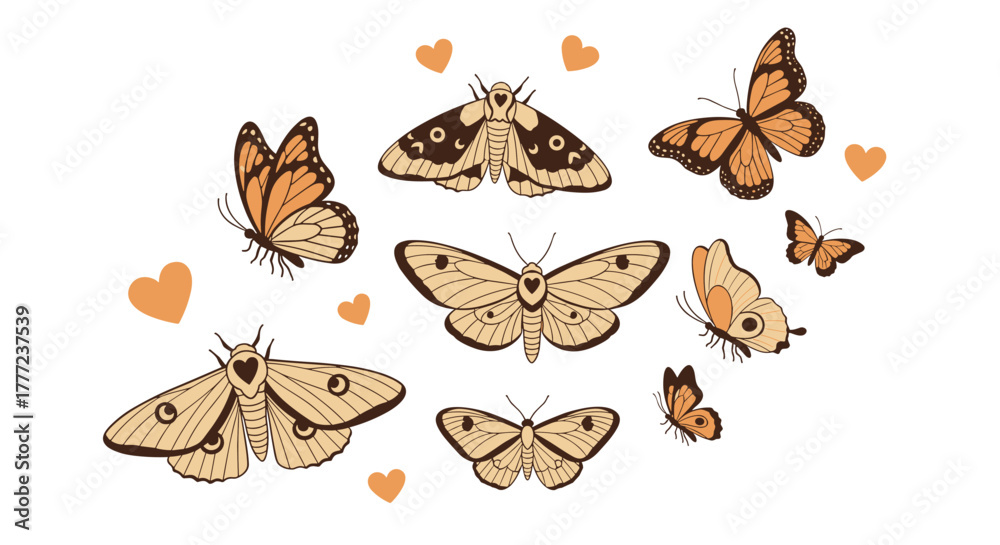 Obraz premium An aesthetic illustration featuring various delicate moths and butterflies in earthy tones, adorned with small hearts, celebrating nature and love.