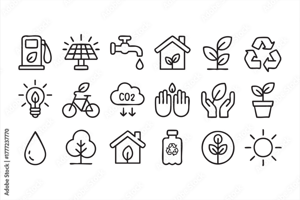 Fototapeta premium Clean vector icon collection showing recycling, solar, and plant growth symbols