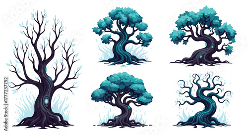 Six unique pixel art trees featuring dark, gnarled trunks, bright blue leaves, and glowing accents for fantasy game environments.