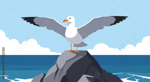 A charming cartoon seagull with spread wings rests atop a rugged rock formation, overlooking the serene blue ocean and cloudy sky.