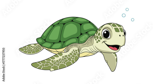 An illustration of a cheerful green sea turtle with big eyes, happily swimming through the ocean water with bubbles.