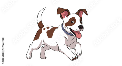 A playful white and brown spotted cartoon puppy with floppy ears runs happily with its tongue out, isolated on a clean white background.