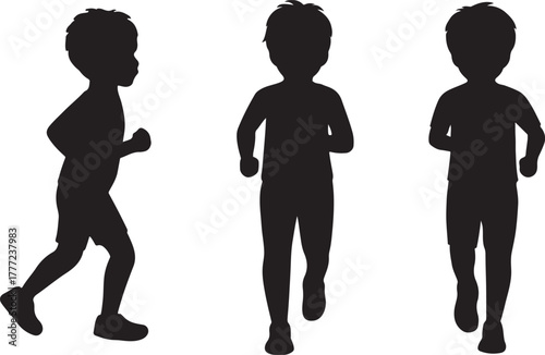 Boy running silhouettes icon side, front, back poses vector illustration 
