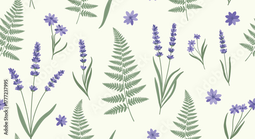 Elegant floral and botanical seamless pattern featuring lavender sprigs, green fern leaves, and scattered small purple wildflowers on a light cream background.
