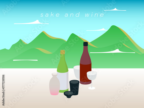 日本酒とワインボトルイラスト | 大自然の山々を背景にしたアルコール素材