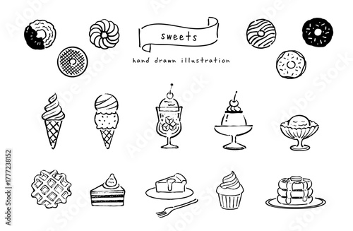かわいいスイーツの手書きアイコンセット　モノクロ