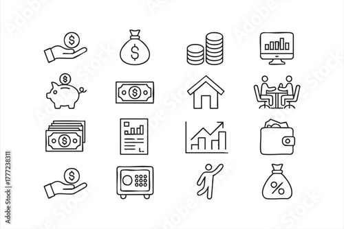 Clean vector icons featuring savings, charts, and profit growth symbols