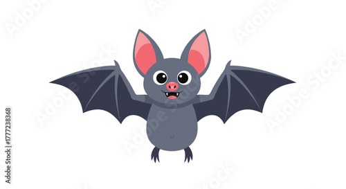 A cute cartoon bat with large wings and a happy face smiles on a white background, ready for Halloween or a friendly adventure.