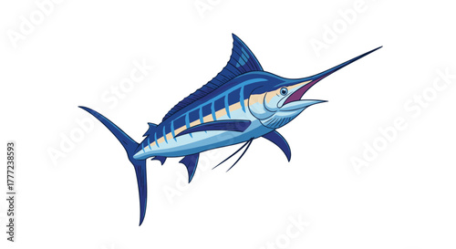 A dynamic illustration of a majestic blue marlin fish, showcasing its impressive long bill and high dorsal fin against a white background.