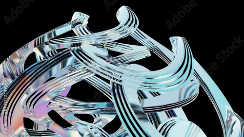 Abstract metallic swirls on black background 3d, modern art, reflective