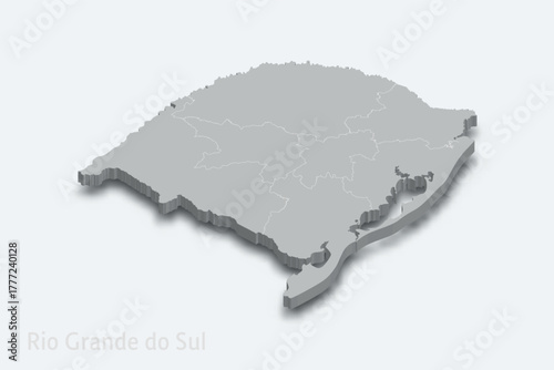 Rio Grande do Sul 3d map with borders regions. State of Brazil