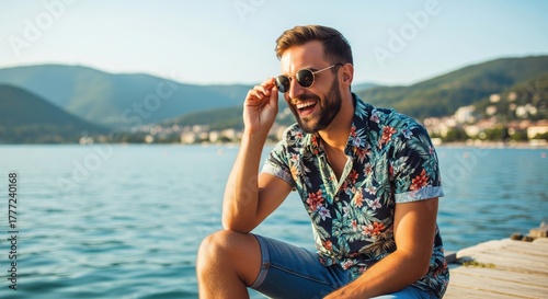 A smiling man sits on a dock, looking at the sea, and adjusting his sunglasses. A happy portrait of carefree enjoyment and fun. . Summer vibes, leisure time, personal freedom.