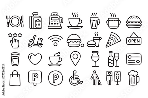 Modern café and restaurant icons for menu and service design projects