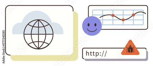 Globe icon in cloud, chart with growth data, smiling face, malware warning, and URL bar. Ideal for internet safety, data analysis, cybersecurity, digital communication user feedback online growth