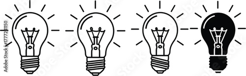 Illuminating Ideas: A row of glowing light bulb illustrations symbolize the spark of creativity, idea generation, innovation, and problem-solving, with one bulb shining brightly.