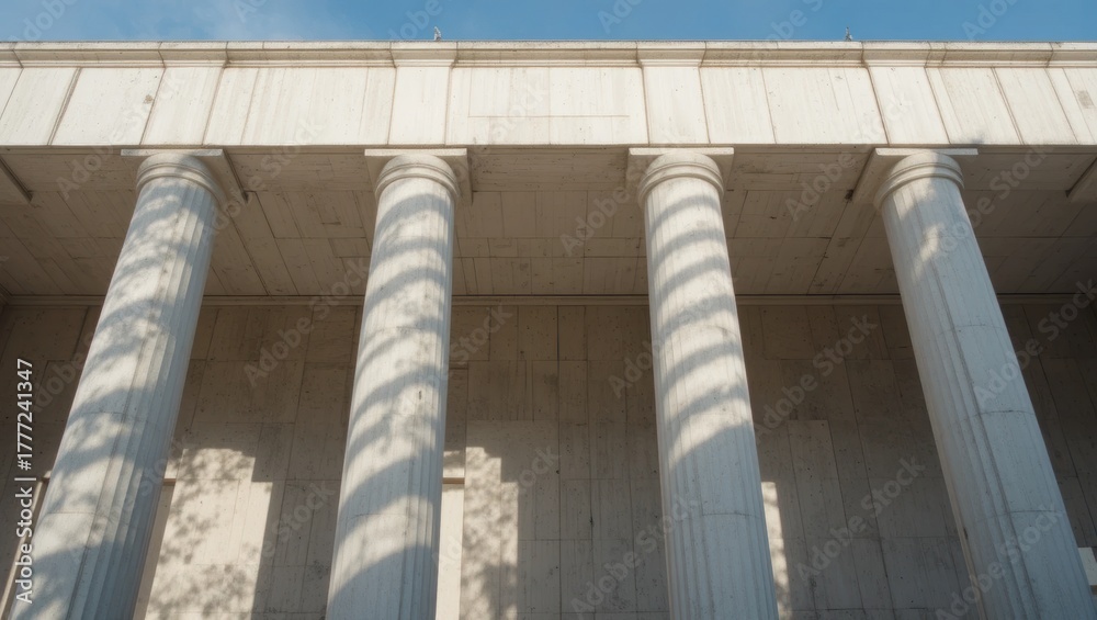 Obraz premium Classic Concrete Columns Casting Shadows Under Bright Blue Sky in Architectural Setting