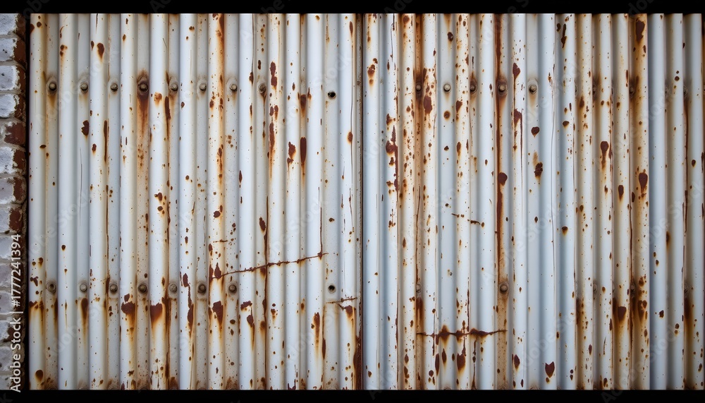 Obraz premium Rusty Corrugated Metal Texture with Peeling Paint and Weathered Surface in Industrial Setting
