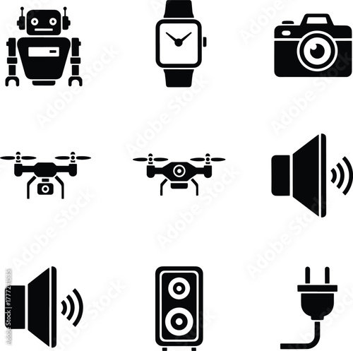Black icons of robot camera smartwatch drones speaker and plug vector