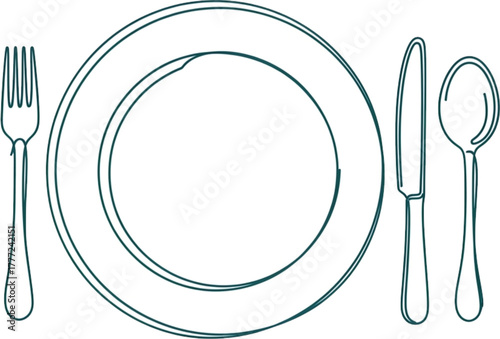 Dining Essentials: Clean, Minimalist Illustration of Plate, Cutlery. The elegance and simplicity of a classic dining setting is artistically represented here.