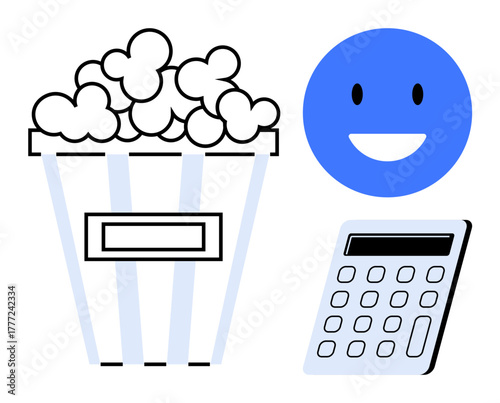 Bucket of popcorn, blue happy face, and calculator. Ideal for entertainment, happiness, budgeting, leisure, decision-making fun planning or finances. Minimalist and simple flat metaphor