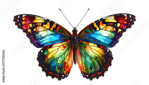 Colorful, detailed butterfly with intricate wings on black background