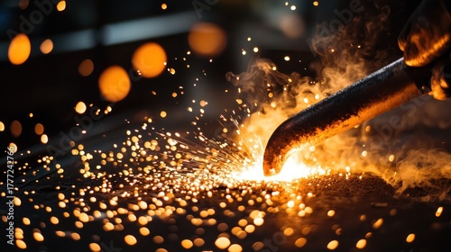 The sharp curve of a flame from a blowtorch heats metal in a workshop filled with tools sparks and intense focus