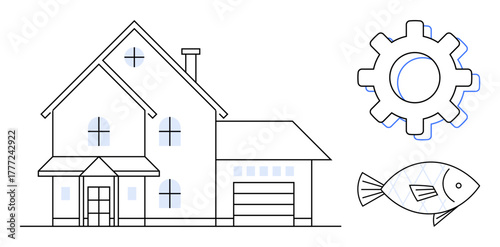 House illustration with garage, decorative gear wheel, and fish outline. Ideal for innovation, sustainability, ecology, technology, home improvement lifestyle and creativity. Simple flat metaphor