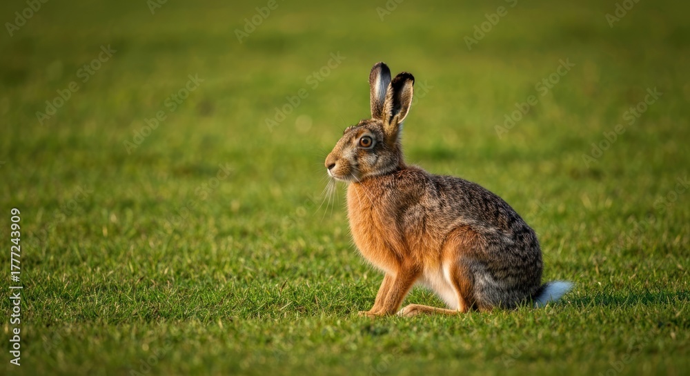 Fototapeta premium Brown hare sits alert in grassy field