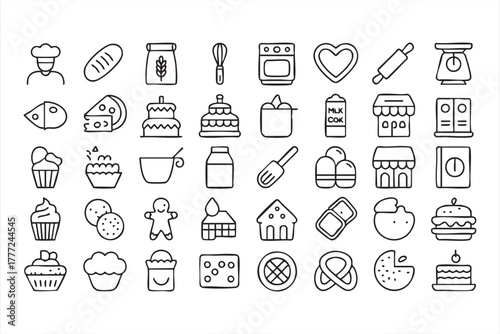 Minimal line art bakery icons for cafe, patisserie, and homemade dessert projects