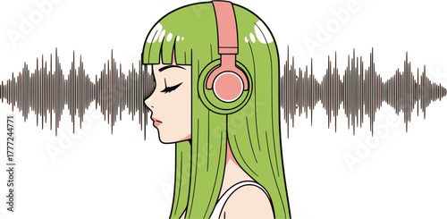 Stylized manga vector illustration of a girl with pink headphones and green hair listening to music with audio waves. Design for music streaming app interfaces. EPS version.