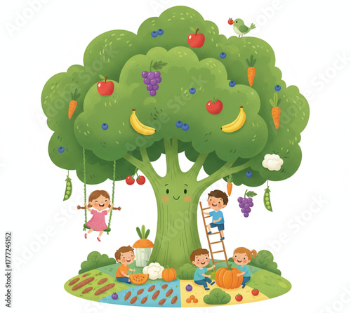 Vibrant illustration of happy children interacting with a fruitful tree and bountiful garden, promoting healthy eating, outdoor play, and balanced lifestyle development
