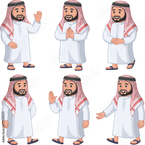 Arabian Man Cartoon Character Set  Traditional Clothing and Cultural Expressions